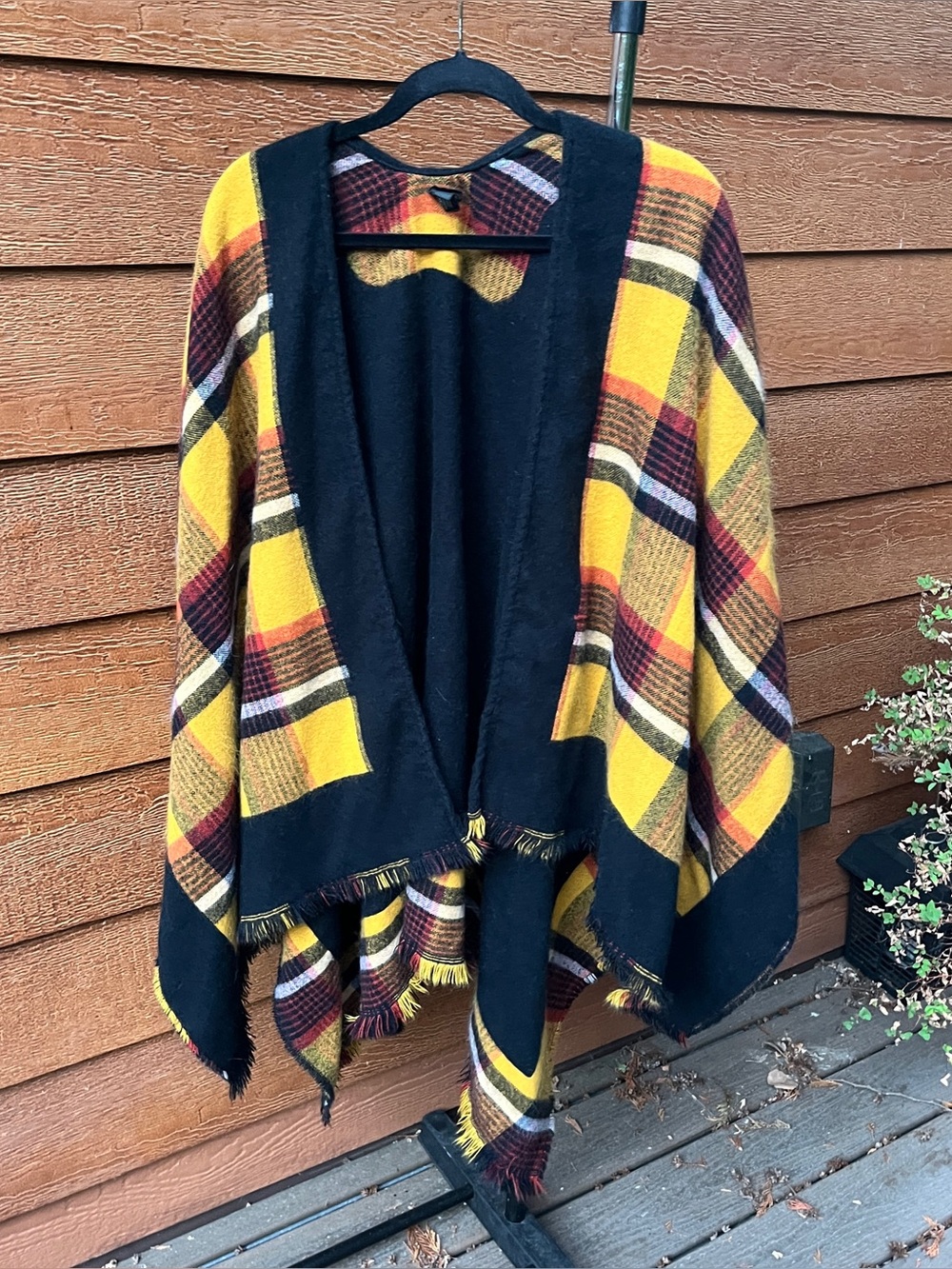 Cejon Black Yellow Red Plaid Open-Front Ruana Poncho Wrap Shawl Women’s OSFM